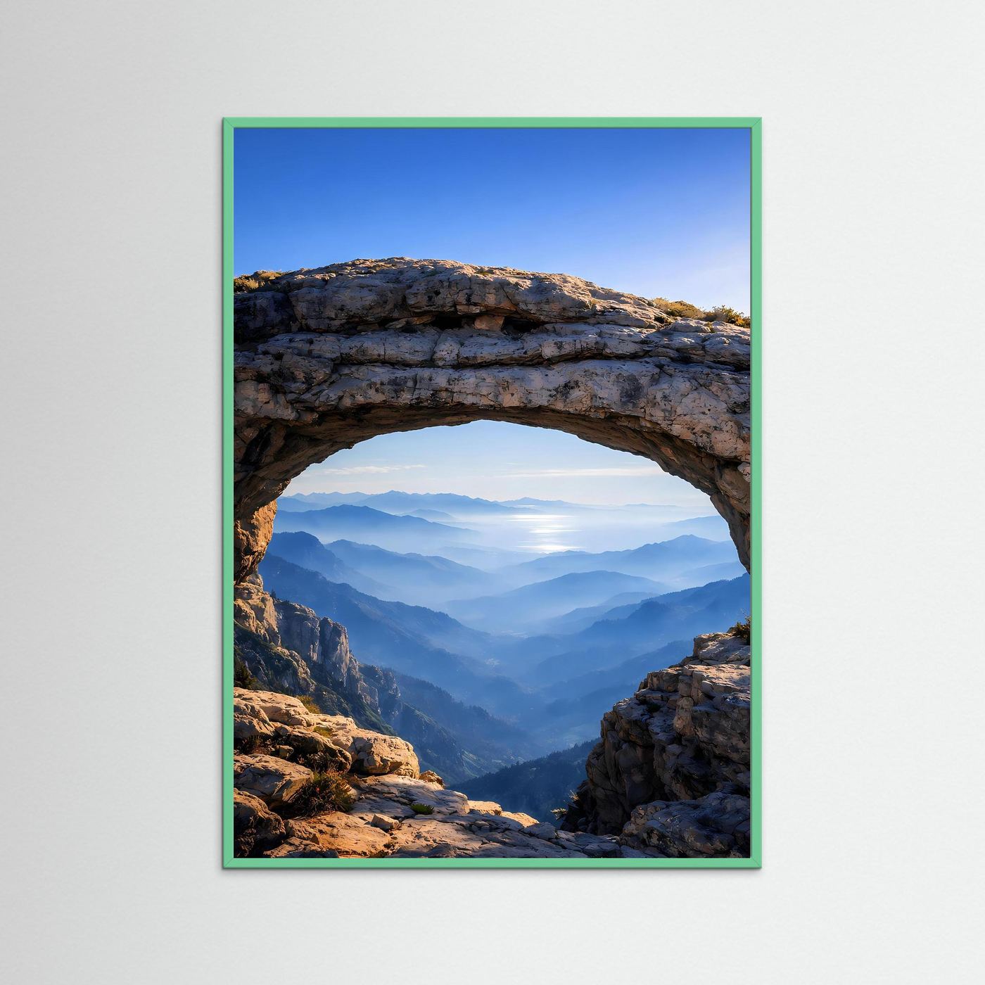 Poster mit Felsbogen und Bergblick, türkisfarbener Rahmen