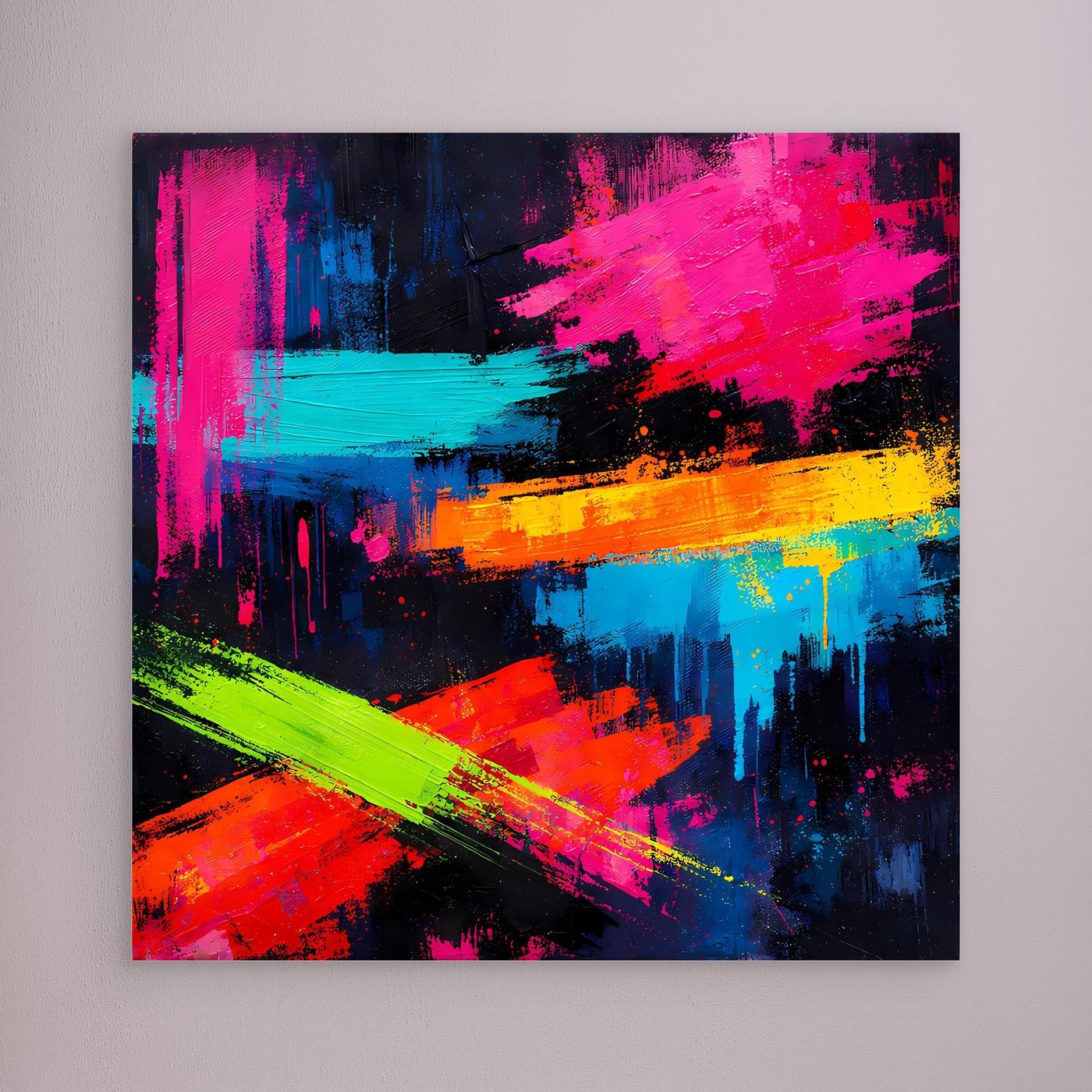 Abstraktes Leinwand-Wandbild ohne sichtbaren Rahmen, Neon-Pink, Blau, Grün und Gelb auf Schwarz