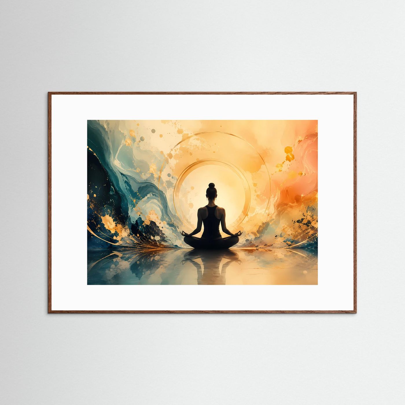 Innere Ruhe und Balance: Meditierende Figur im Lichtkreis | Modernes Yoga-Poster Querformat