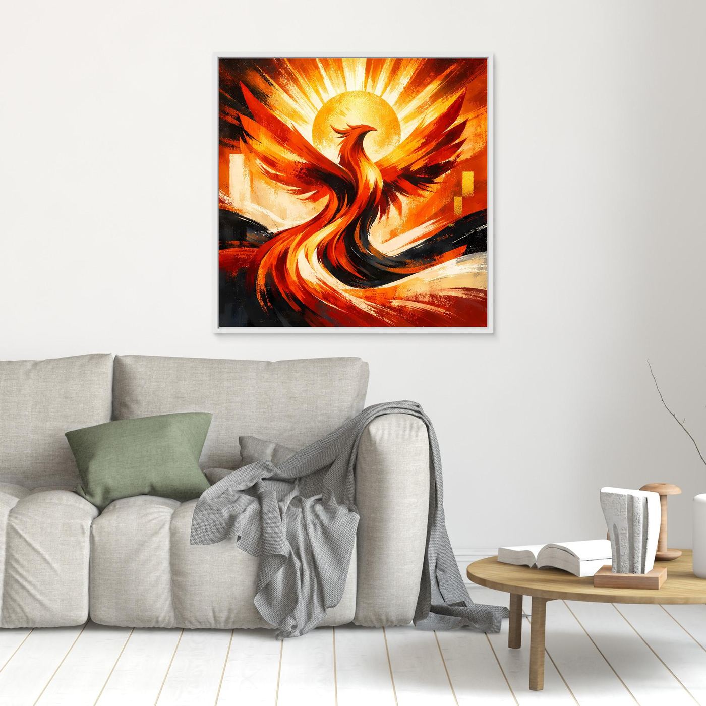 Gerahmtes Leinwandbild mit Phönix in Gold-Rot-Tönen und strahlender Sonne