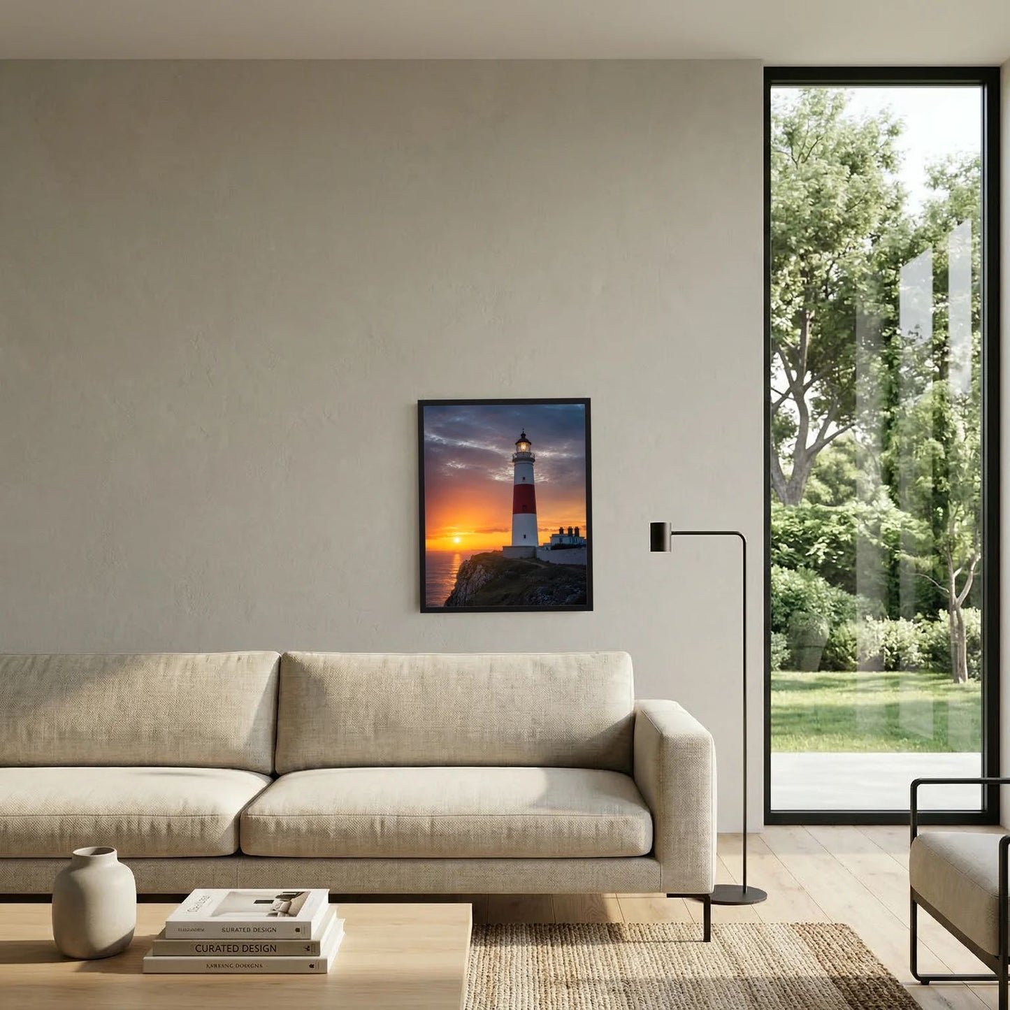 Gerahmtes Wandposter mit Leuchtturm am Meer bei Sonnenuntergang