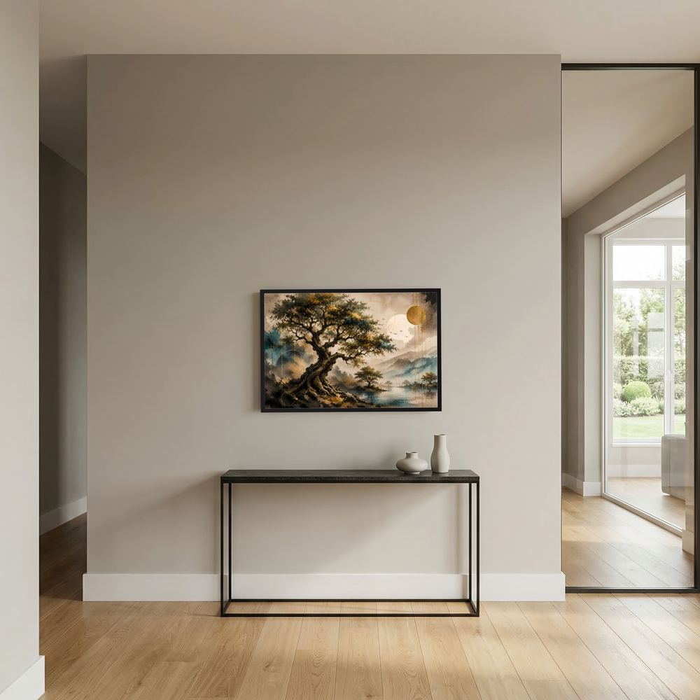 Gerahmtes Poster an der Wand: Baumlandschaft mit Wasser und goldenen Kreisformen