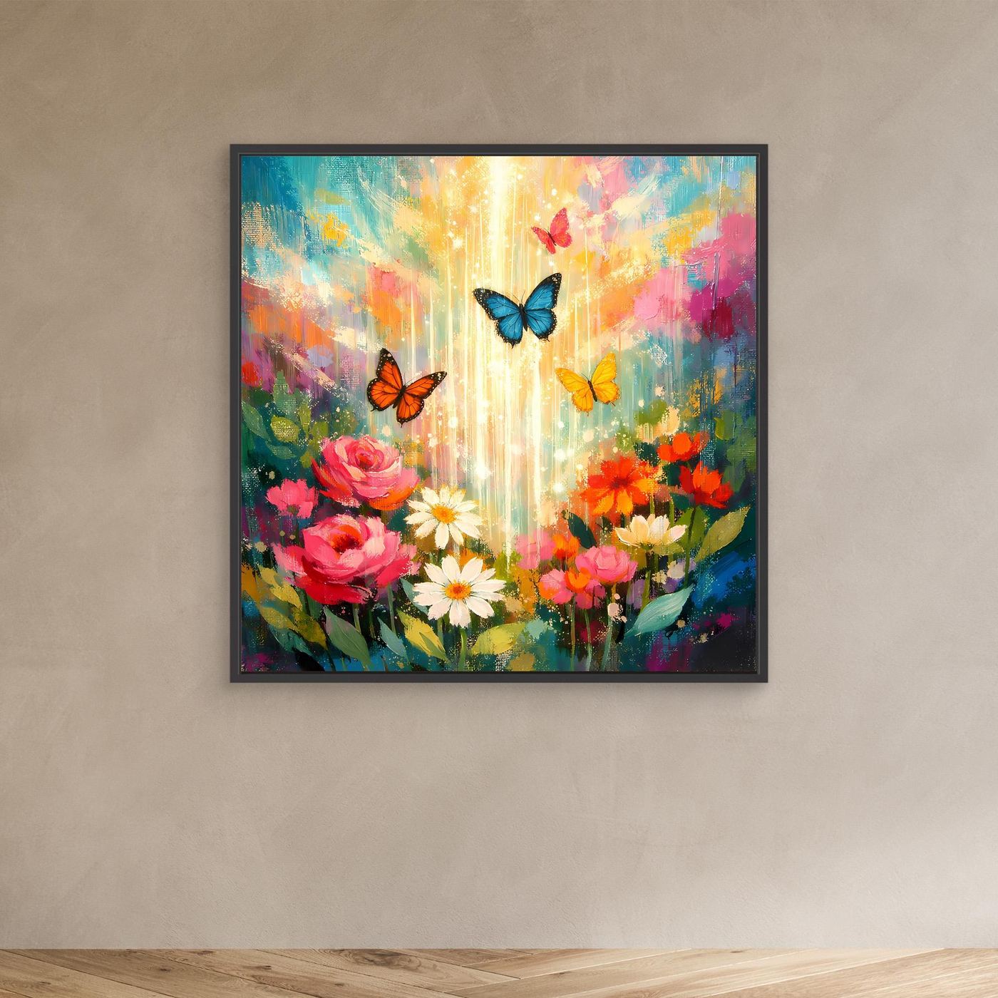Wandbild mit schwarzem Rahmen: Blumenstrauß mit Schmetterlingen in leuchtenden Farben