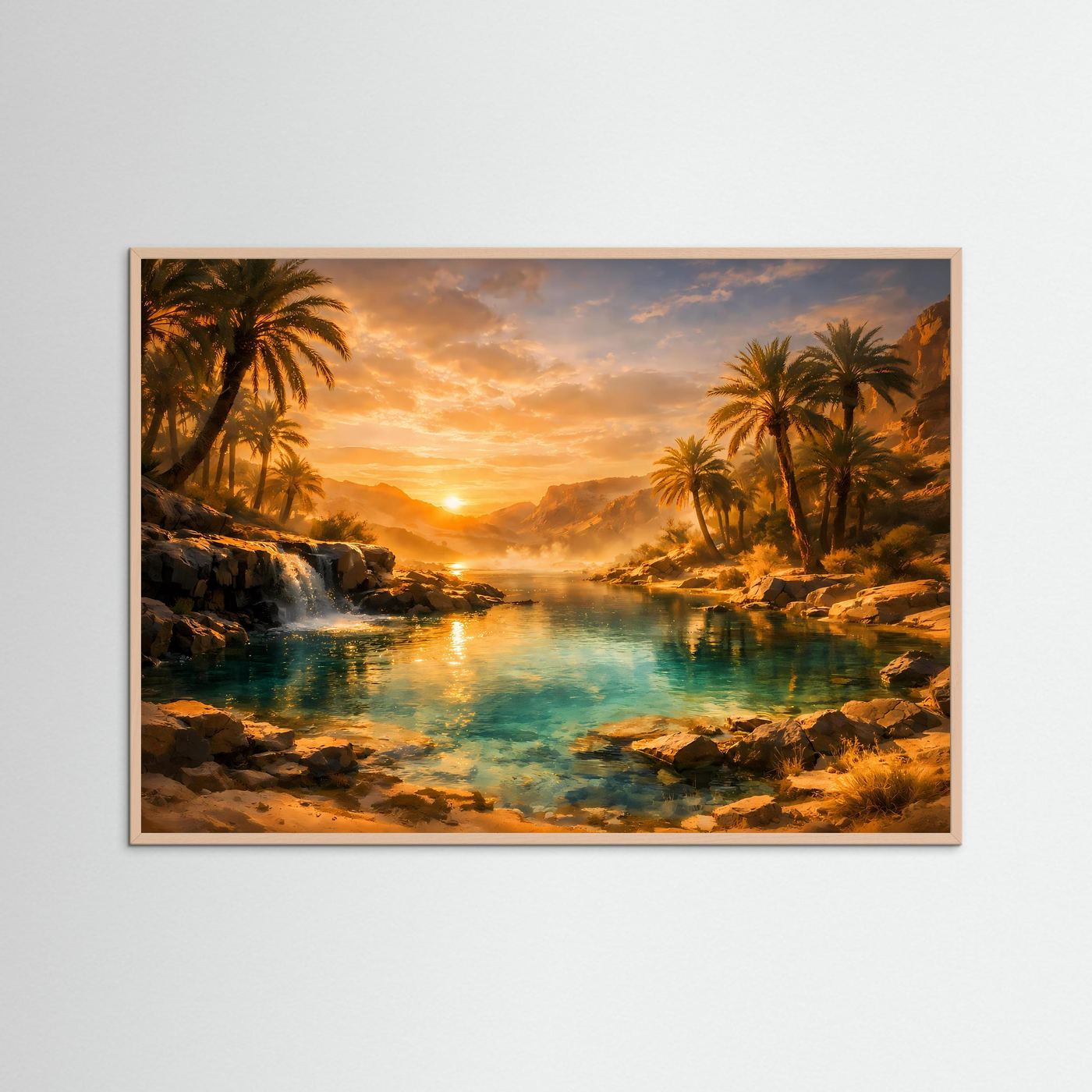 Traumhafte Oase im Sonnenuntergang | Palmen, Wasserfall & Wüste Poster Querformat