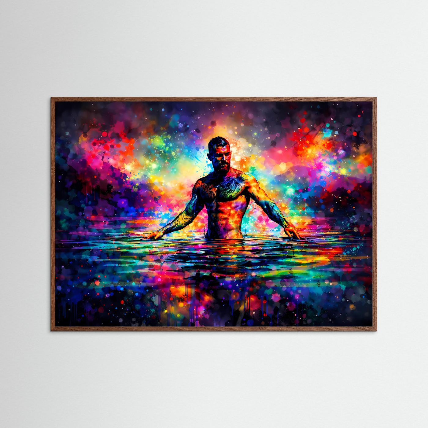 Abstraktes Poster im Querformat mit Holzrahmen: Neonfigur im Wasser, mehrfarbige Lichtpunkte