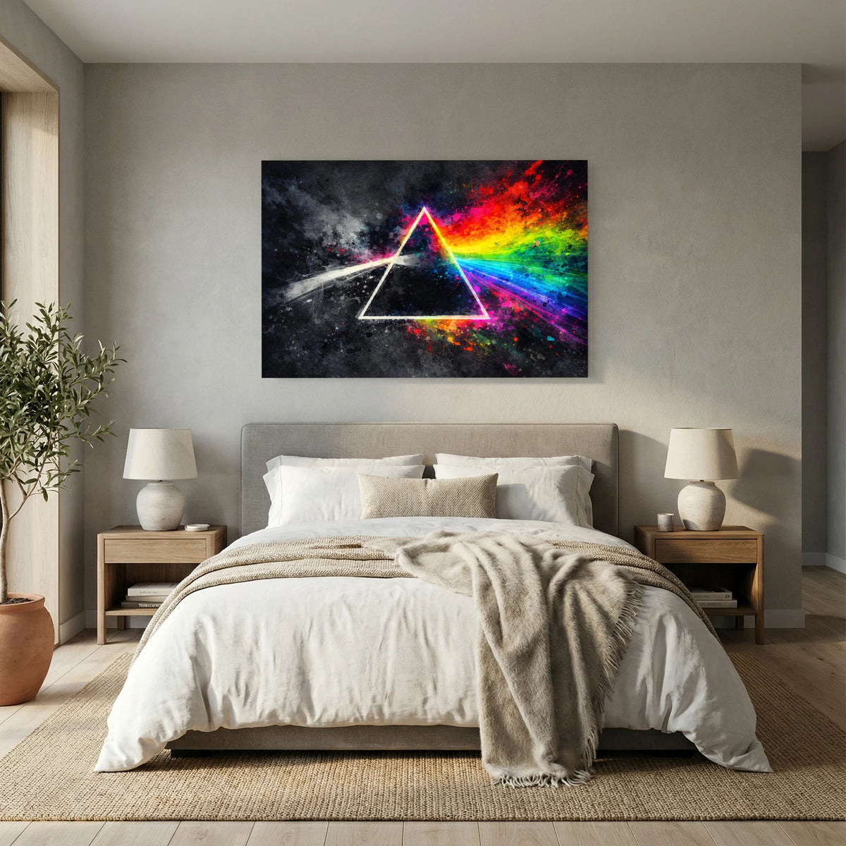 Wandbild im Querformat mit Prisma-Dreieck in Neonfarben und Regenbogenstrahlen
