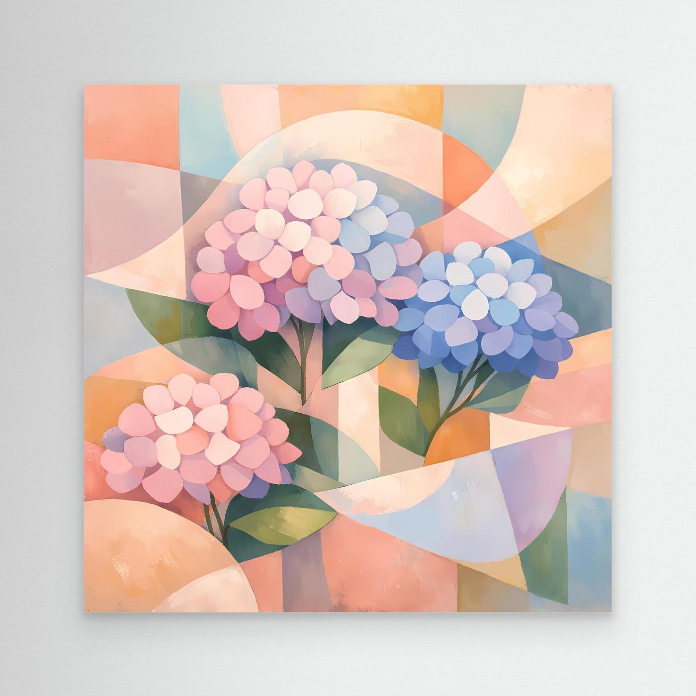 Leinwandbild mit geometrischen Hortensien in Pastellfarben, ohne sichtbaren Rahmen