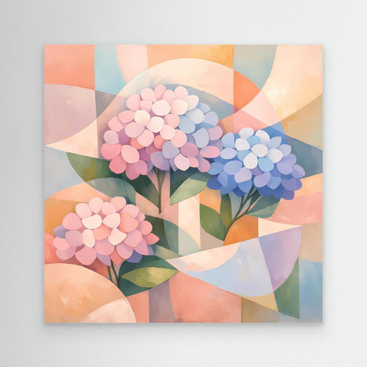 Leinwandbild mit geometrischen Hortensien in Pastellfarben, ohne sichtbaren Rahmen