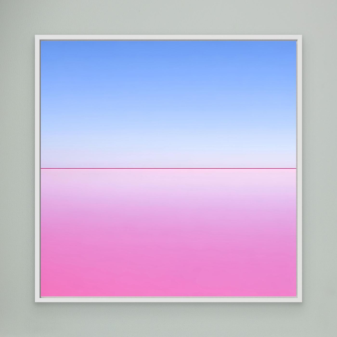Quadratisches Leinwandbild mit Pastell-Horizont: Blau oben, Pink unten, weiß gerahmt