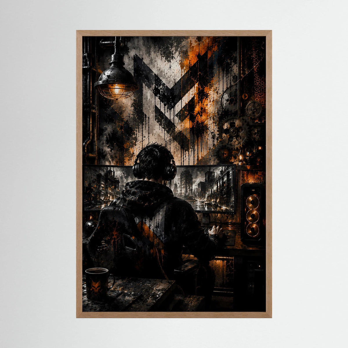 Gamer am PC in Schwarz & Orange | Industrial Gaming Art | Poster Hochformat