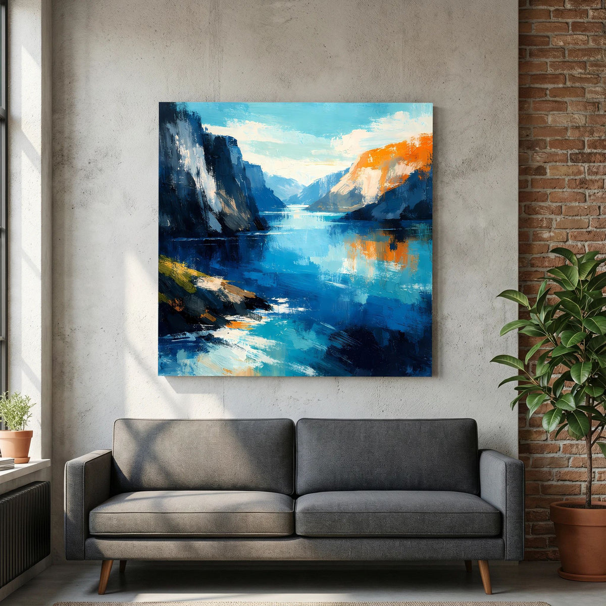 Leinwand Abstraktes Fjord Gemälde | Modernes Norwegisches Wandbild Blau Orange