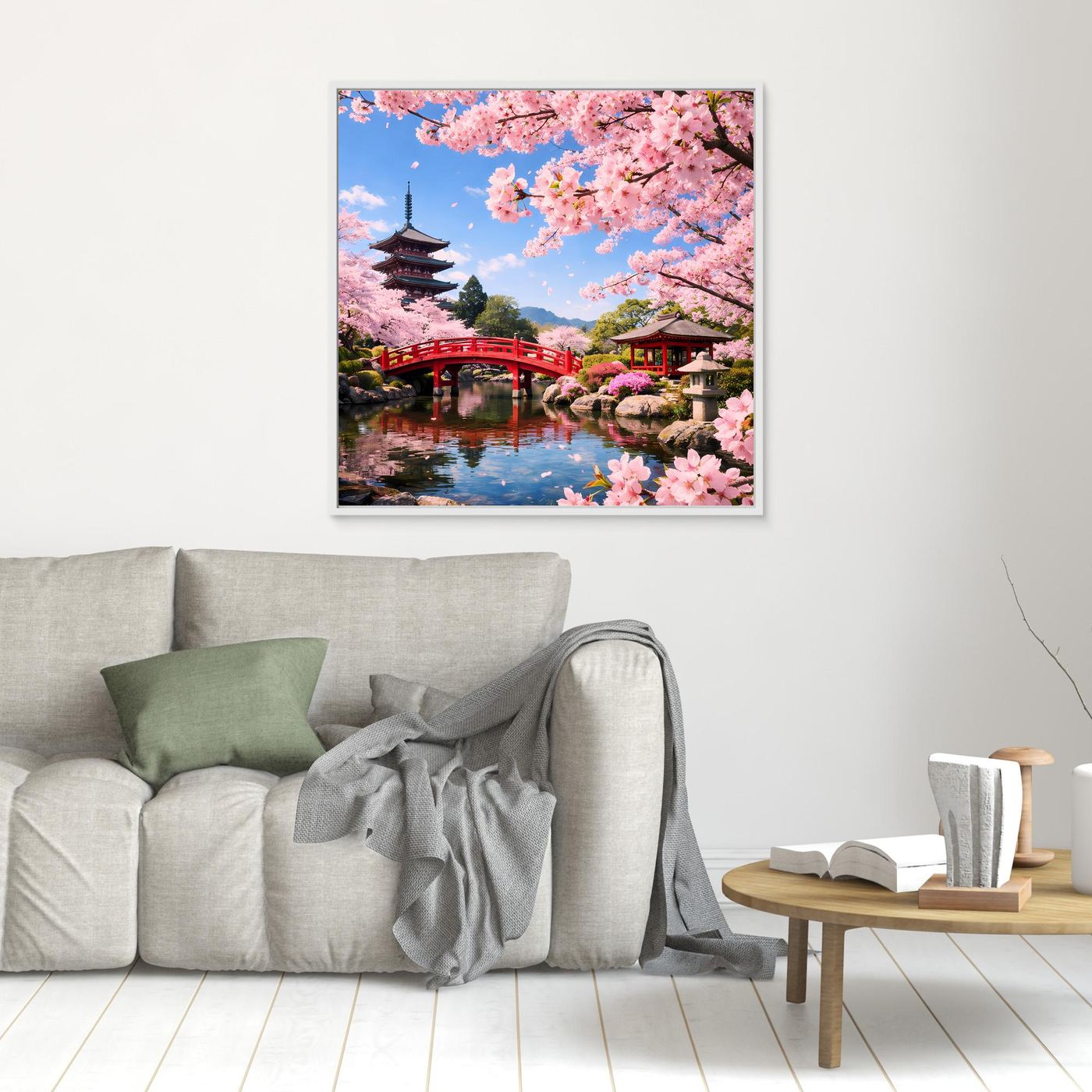 Leinwandbild im kleinen Format: Kirschblüten, rote Brücke und Pagode, ohne Rahmen