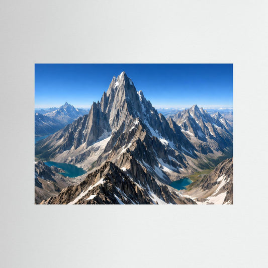 Querformatiges Poster mit Berggipfel und Alpinsee, blauer Abschlusskante