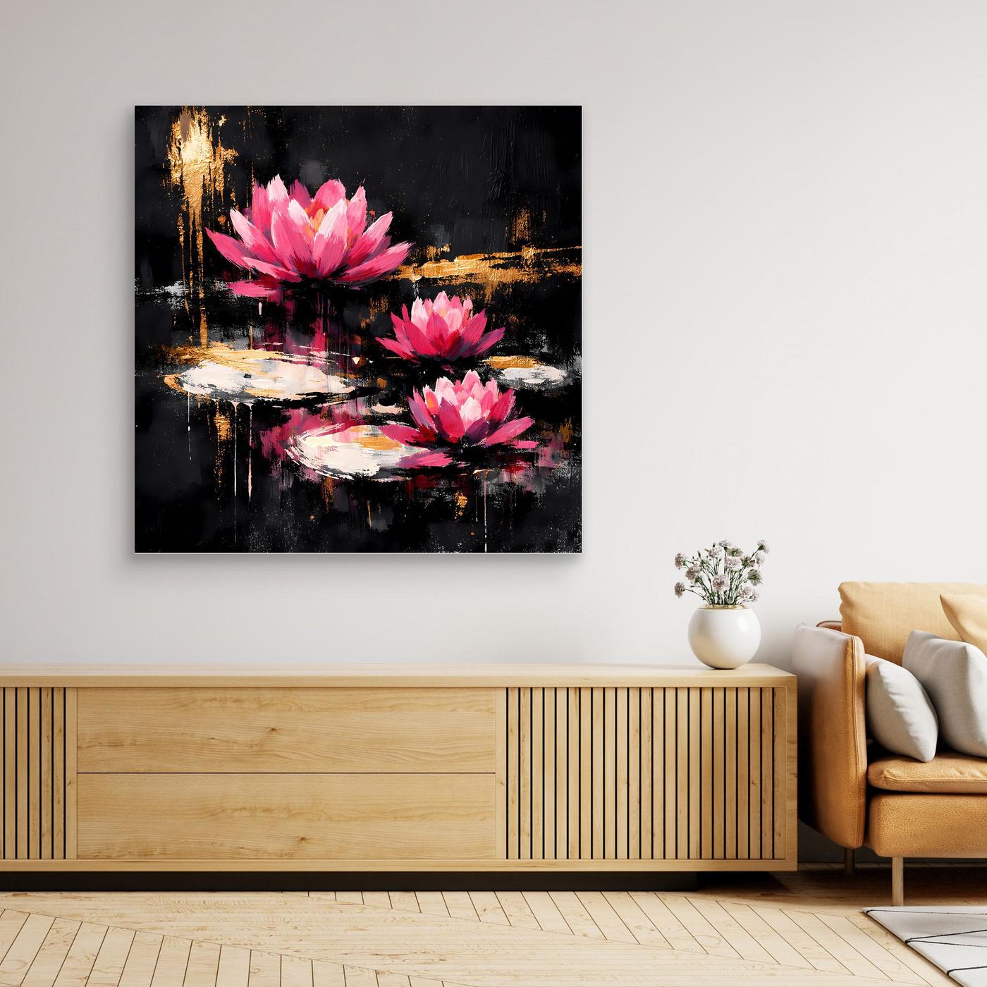 Leinwand Magische Lotusblüten auf dem Wasser | Modernes Abstraktes Seerosen Wandbild