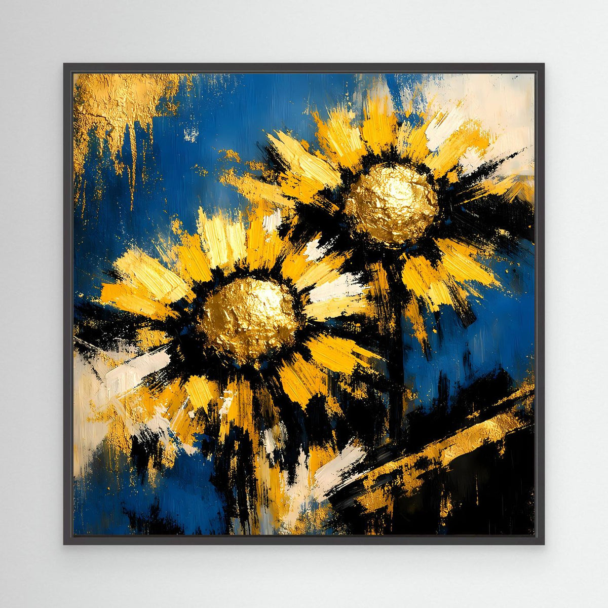 Wandbild mit schwarzem Rahmen und abstrakten Sonnenblumen in Blau, Gelb und Gold