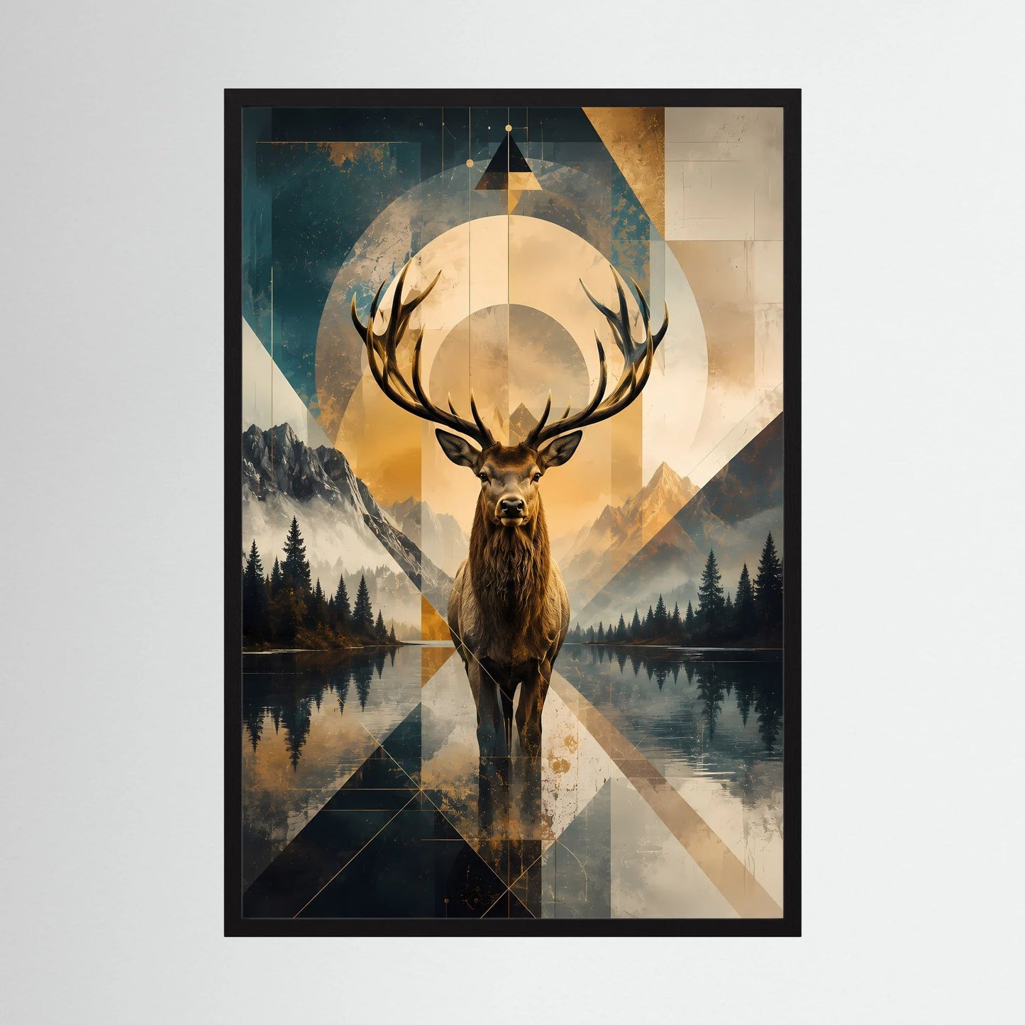 Poster im Hochformat: Hirsch mit großen Geweih, goldene Geometrie, schwarzer Rahmen