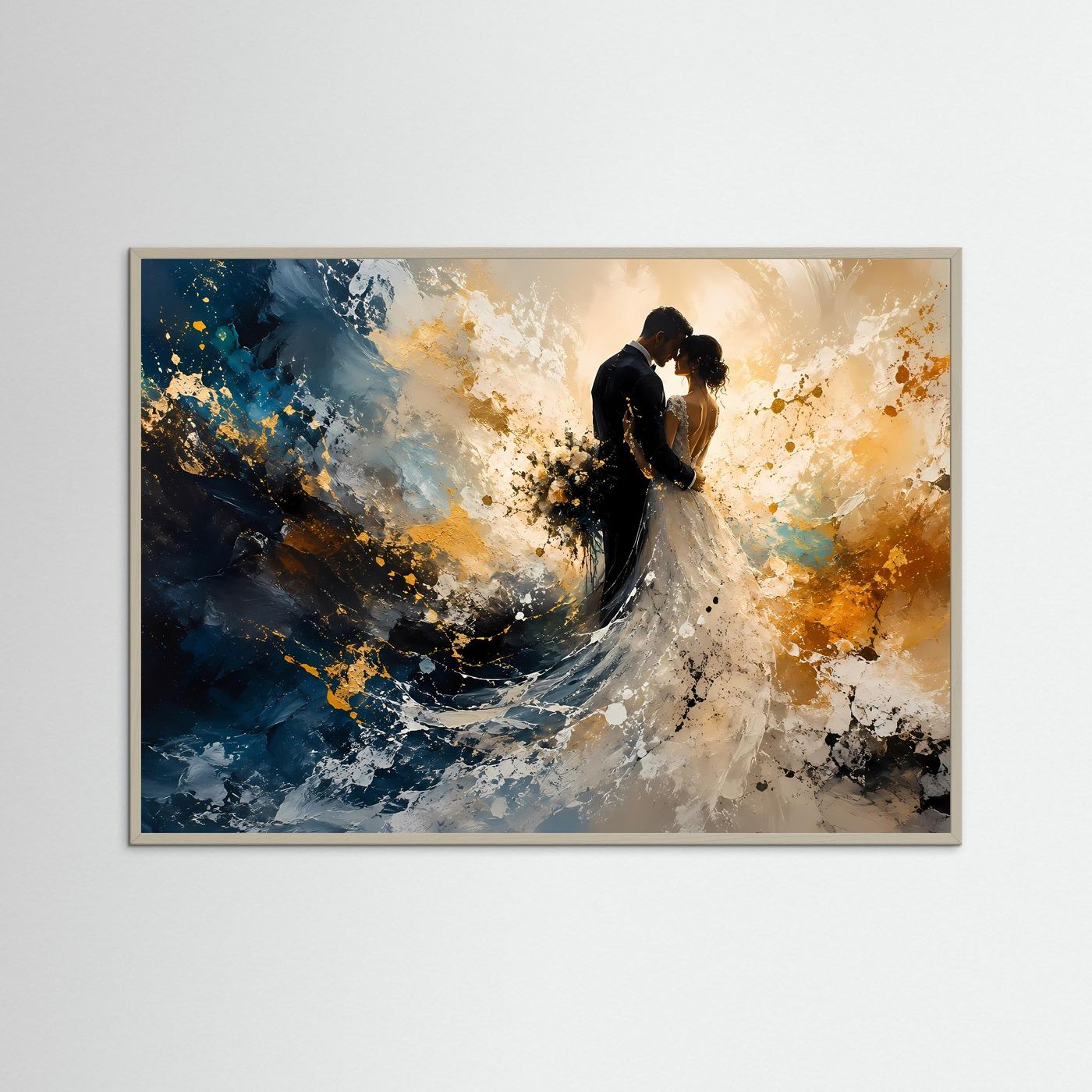 Abstraktes Hochzeits-Poster | Brautpaar in Gold, Blau & Weiß | Romantisches Wandbild im Querformat