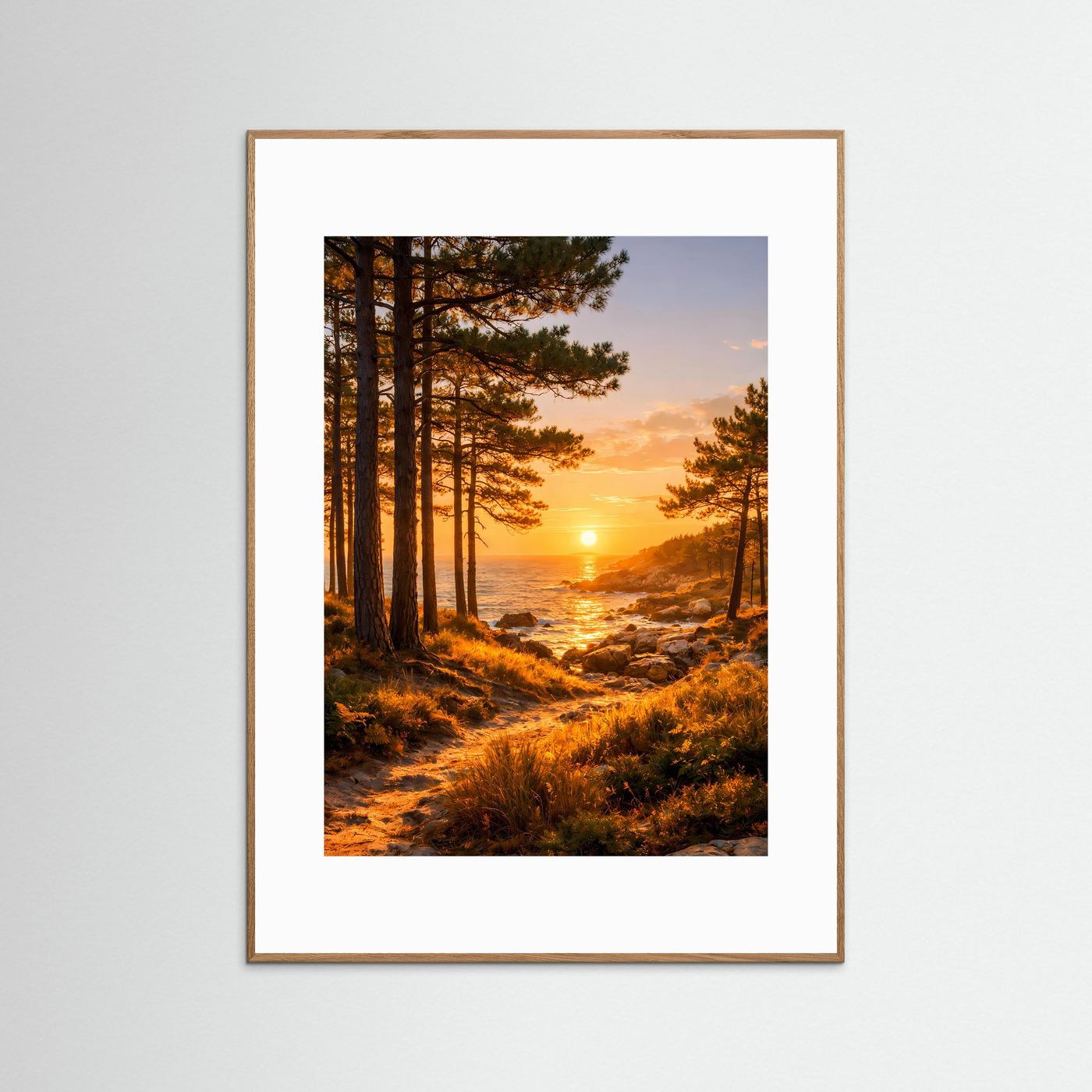 Romantisches Küstenposter mit Pinien am Meer bei Sonnenuntergang, hellbraun gerahmt
