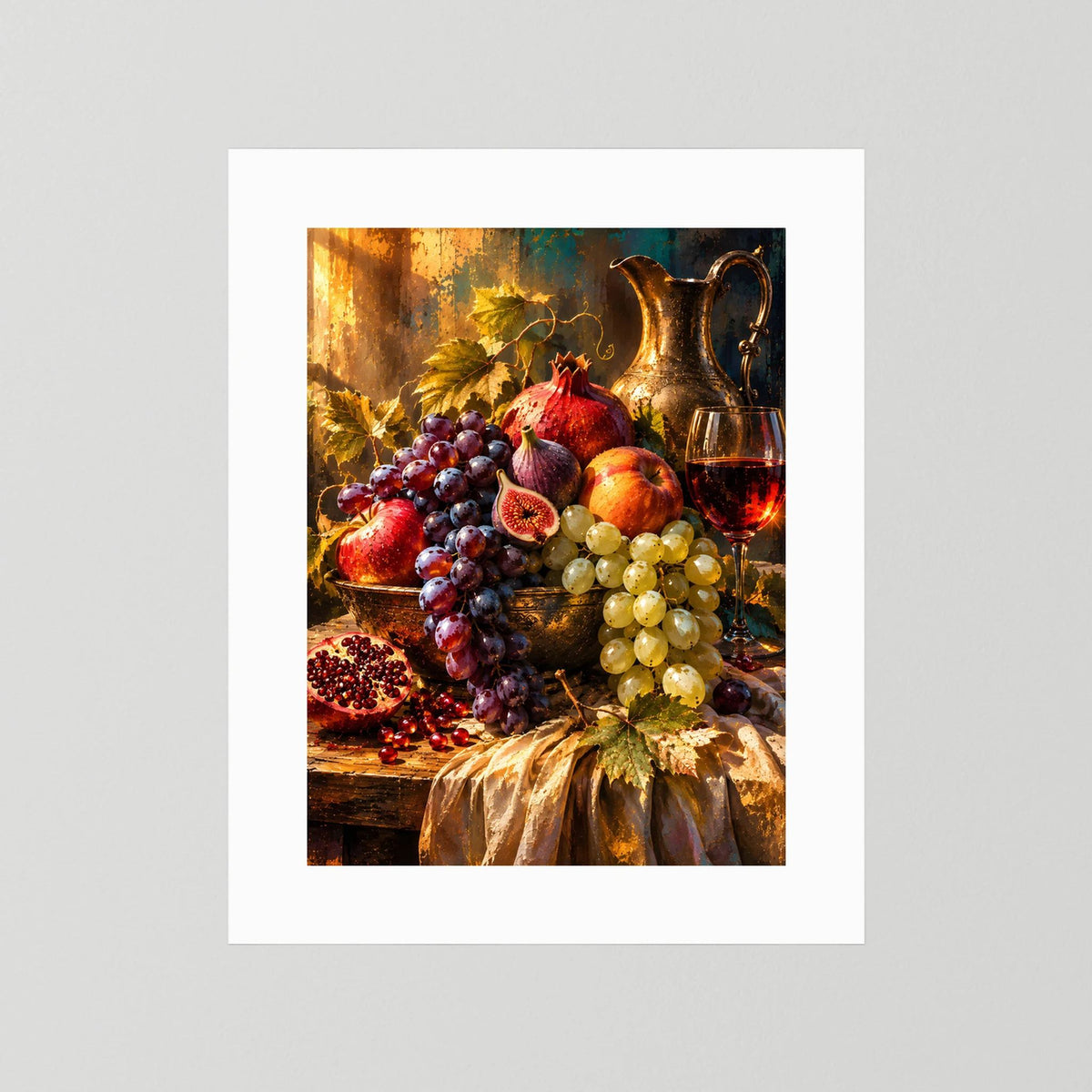 Hochformatiges Poster mit Trauben, Feigen, Granatapfel und Wein ohne sichtbaren Rahmen.