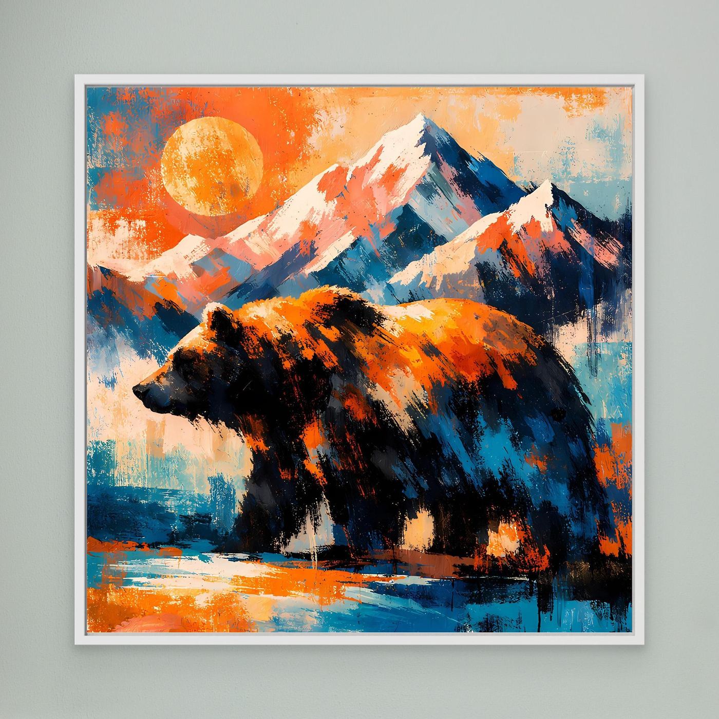 Leinwand-Wandbild mit abstraktem Grizzlybär und Berglandschaft; weißer Rahmen.