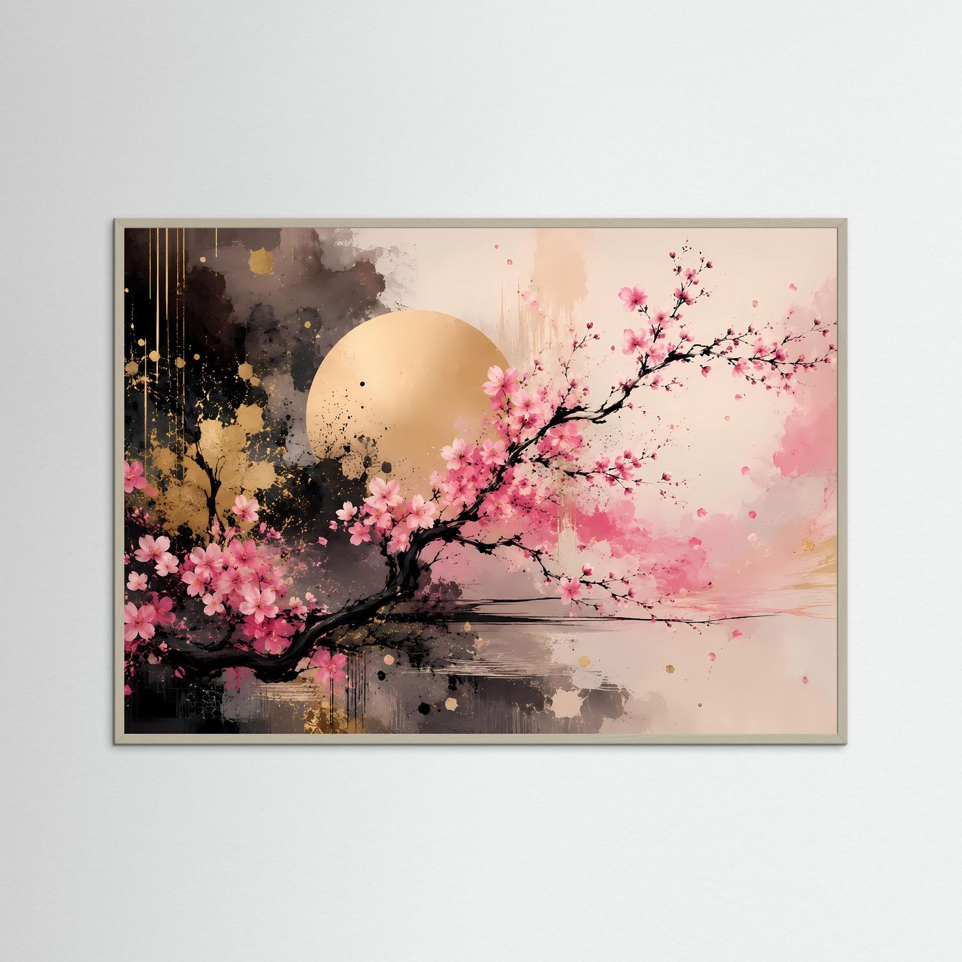 Kirschblüten Poster | Japanische Sakura Wandkunst | Moderne Abstrakte Zen Kunst mit Gold | Elegantes Wandbild