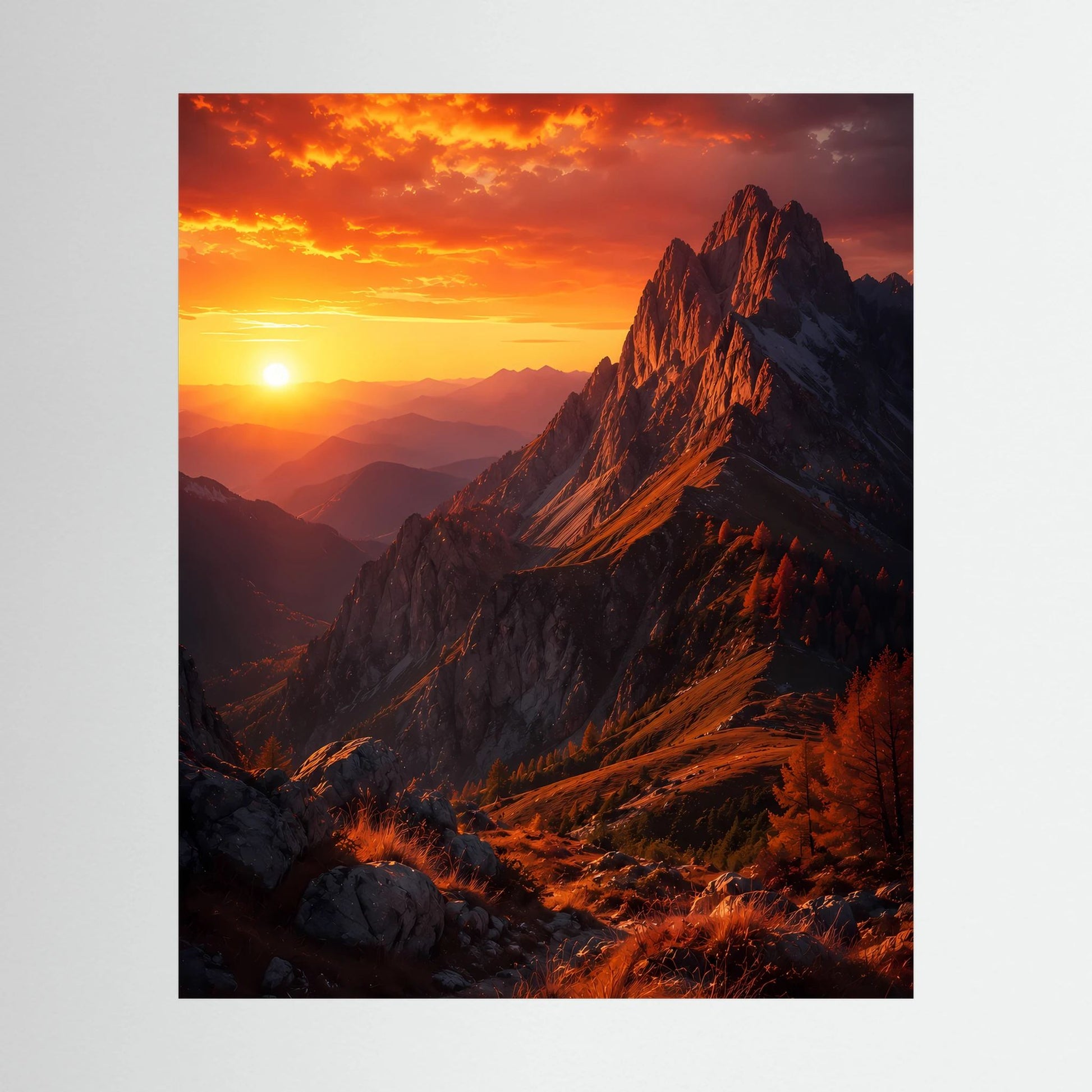Hochformat-Poster mit Berggipfeln und Sonnenuntergang, orangefarbene Felslandschaft.