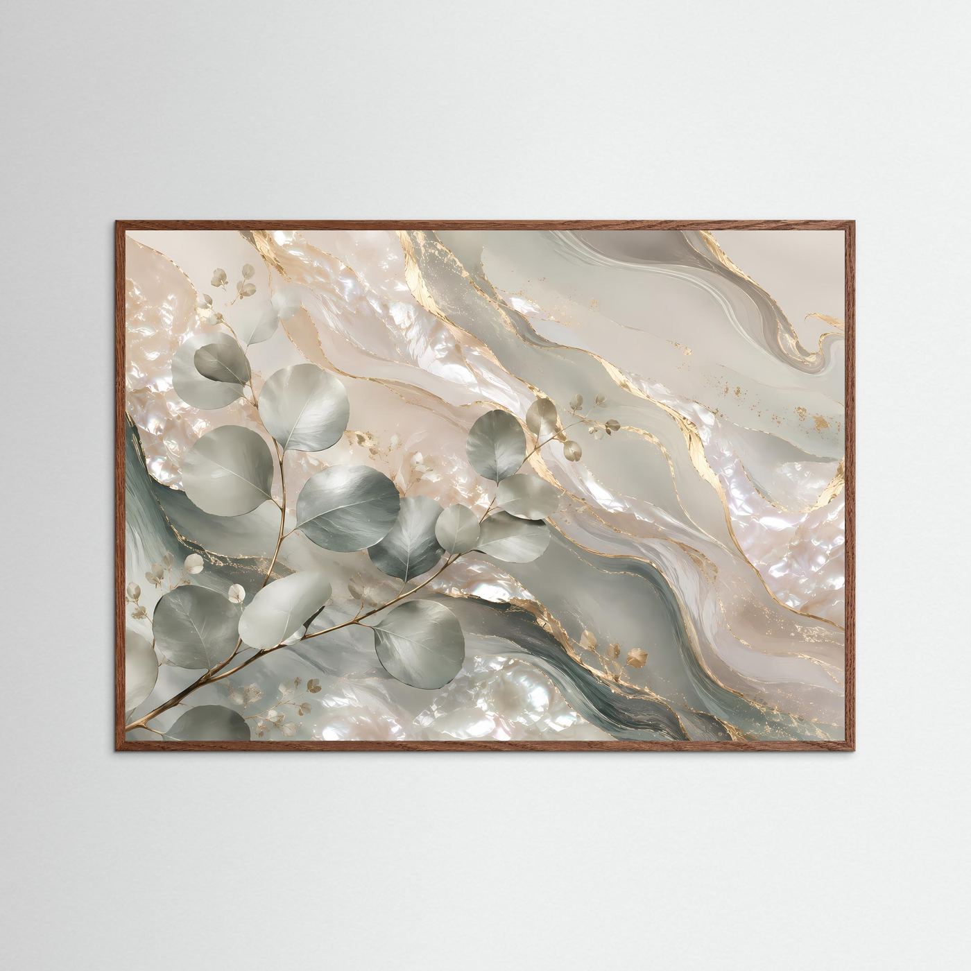 Eukalyptus-Poster mit dunklem Holzrahmen in Creme, Salbeigrün und Goldakzenten, Querformat