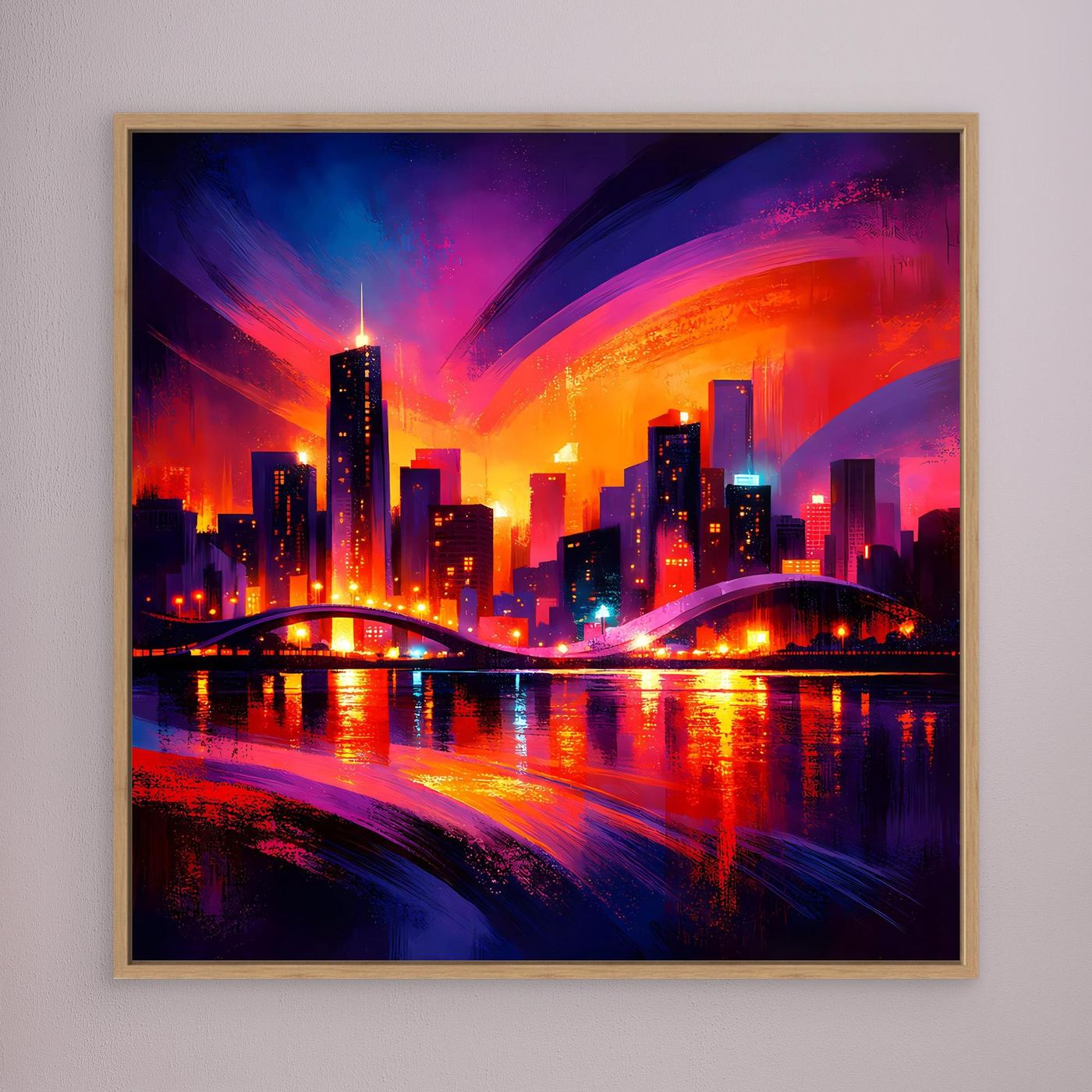 Großstadt-Wandbild mit Skyline bei Nacht, goldfarben gerahmt, leuchtende Neonfarben