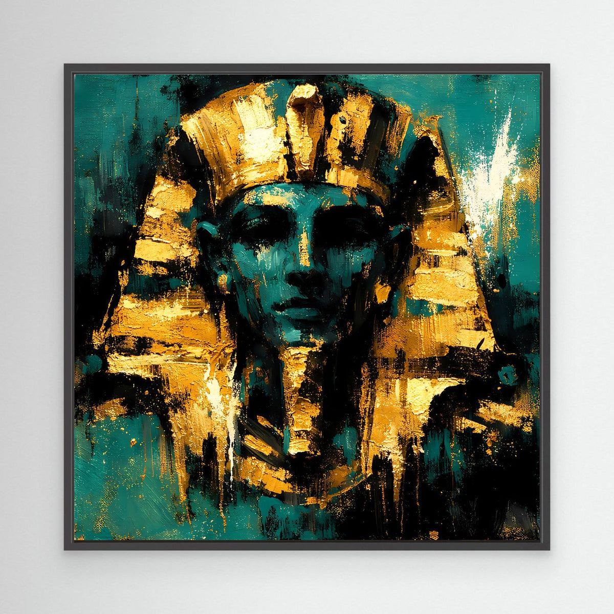 Leinwand-Wandbild mit Pharao in Türkis und Gold, schwarzer Rahmen