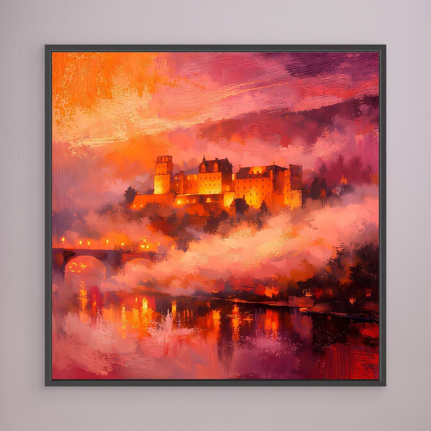 Premium Leinwand Imposantes Schloss im Abendrot | Abstraktes Castle Wandbild in feurigen Farben