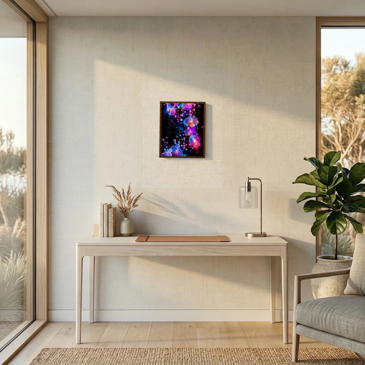 Gerahmtes Hochformat-Kunstposter mit leuchtenden Orchideen in Blau, Violett und Pink