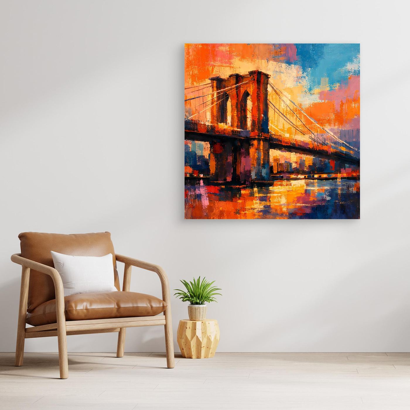 Gerahmtes Leinwandbild mit abstrakter Brooklyn-Bridge in Orange, Blau und Schwarz