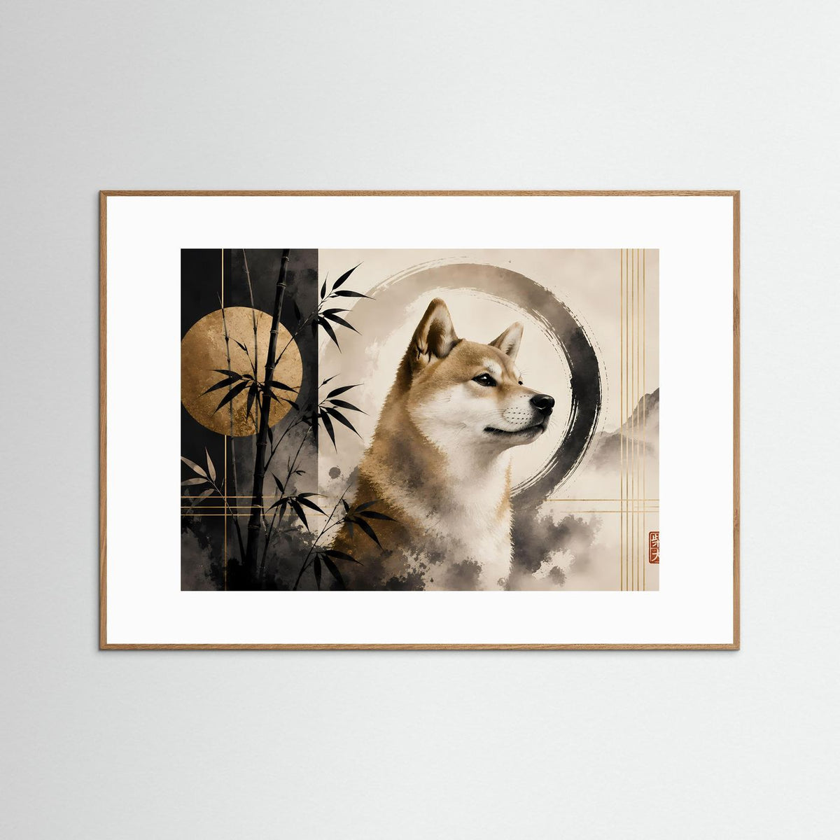 Gerahmtes Poster im Querformat mit Shiba Inu, Bambus und Kreisornamenten im Zen-Stil, brauner Rahmen