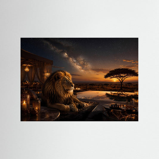 Poster mit Löwe unter Sternenhimmel, Safari-Nacht, schwarzer Rahmen