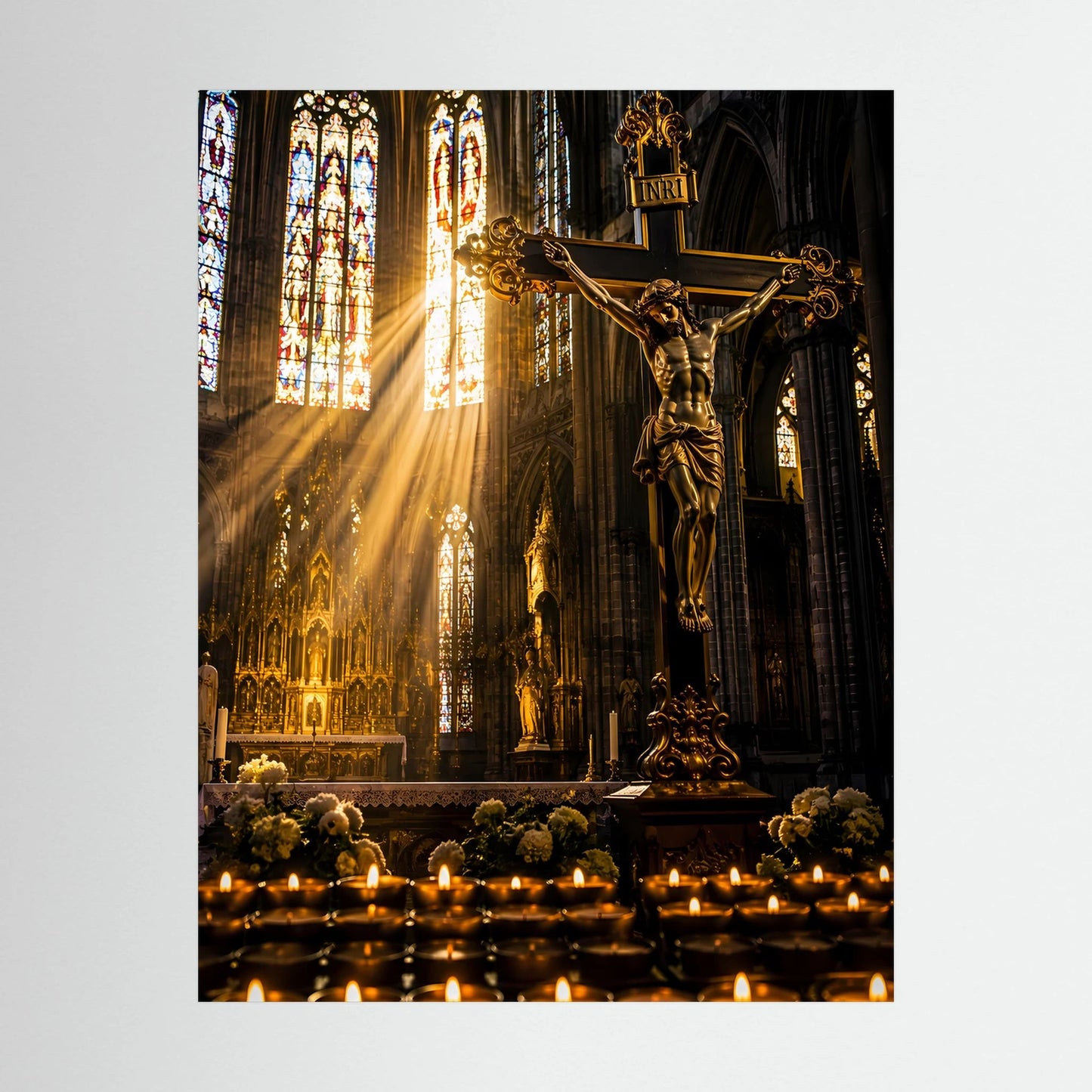 Poster (Hochformat): Jesus am Kreuz, goldene Lichtstrahlen, Kerzen und Kirchenfenster