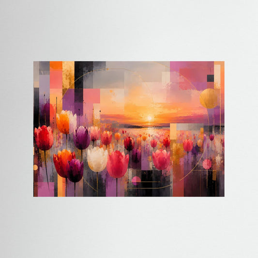 Abstraktes Tulpenfeld-Poster im Querformat mit bunten Blumen und geometrischen Farbfeldern