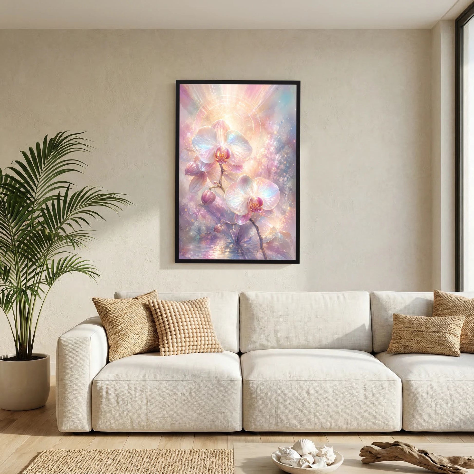 Orchideen-Pastellposter im schwarzen Rahmen, mehrere Blüten und Knospen sichtbar