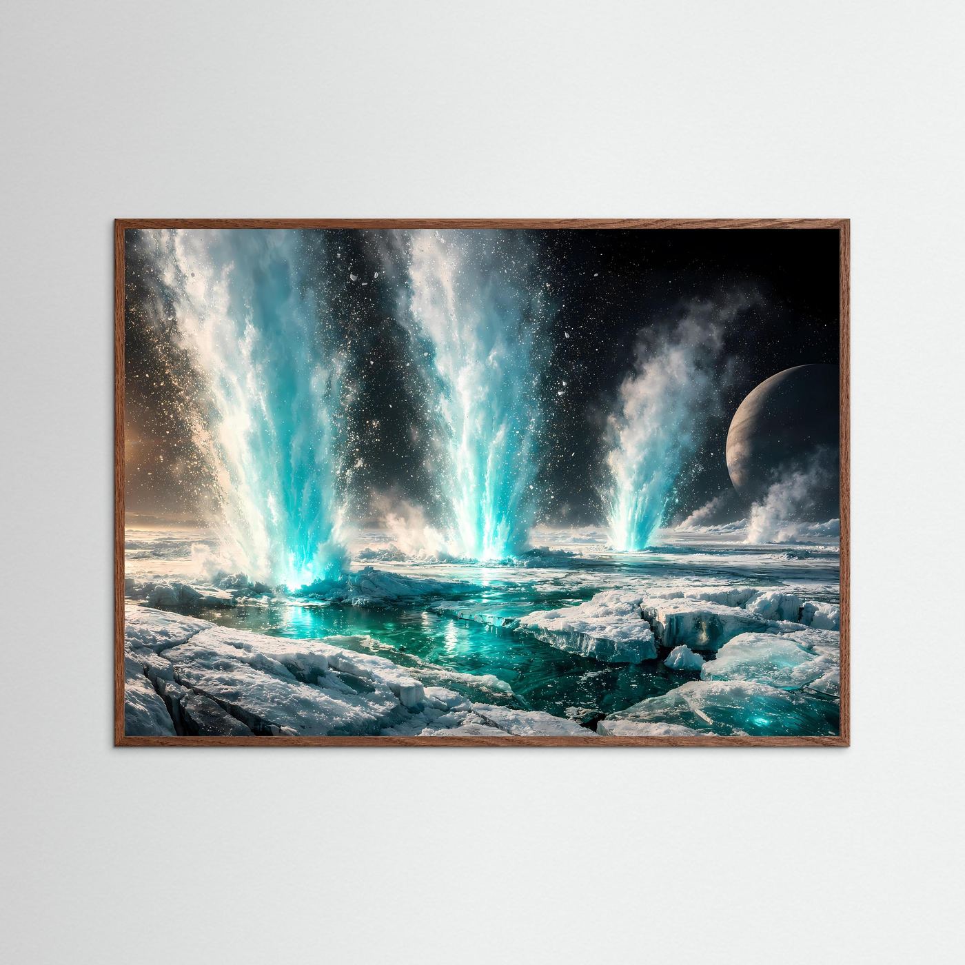 Querformatiges Poster mit Geysiren in eisiger Landschaft, türkisfarbene Fontänen, braun gerahmt
