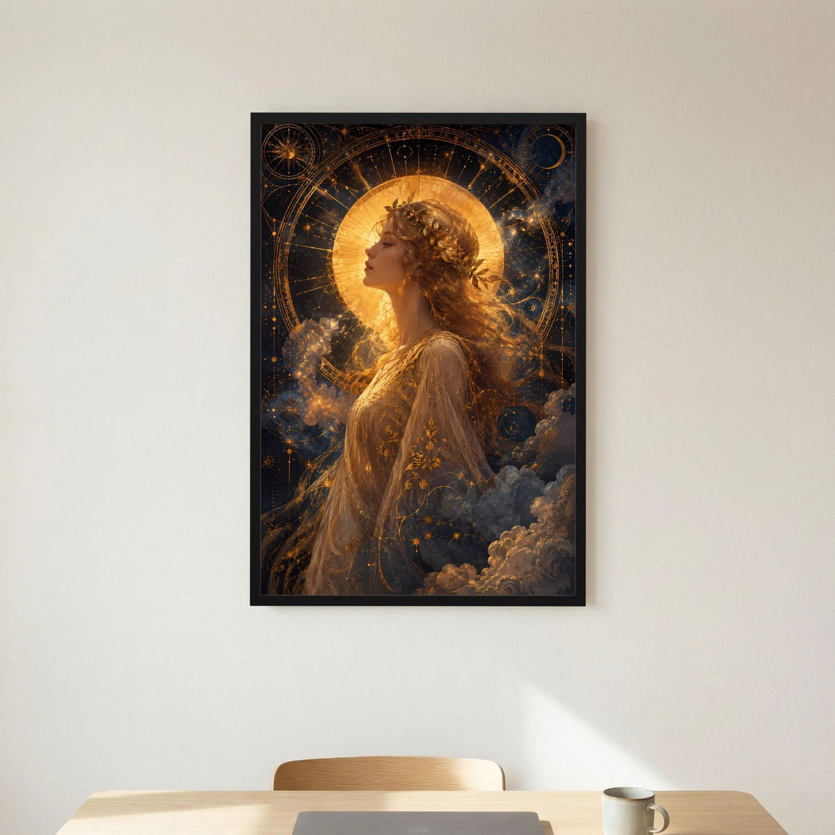 Hochformat-Poster mit goldener Frau im Profil, Sonne, Mond und Sternen, schwarzer Rahmen