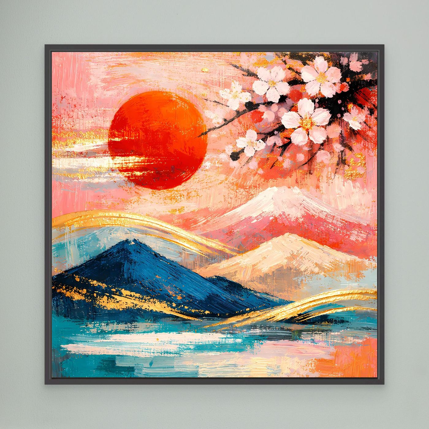 Leinwandbild mit roter Sonne, Kirschblütenzweig und Bergen in Pastellfarben, schwarzer Rahmen