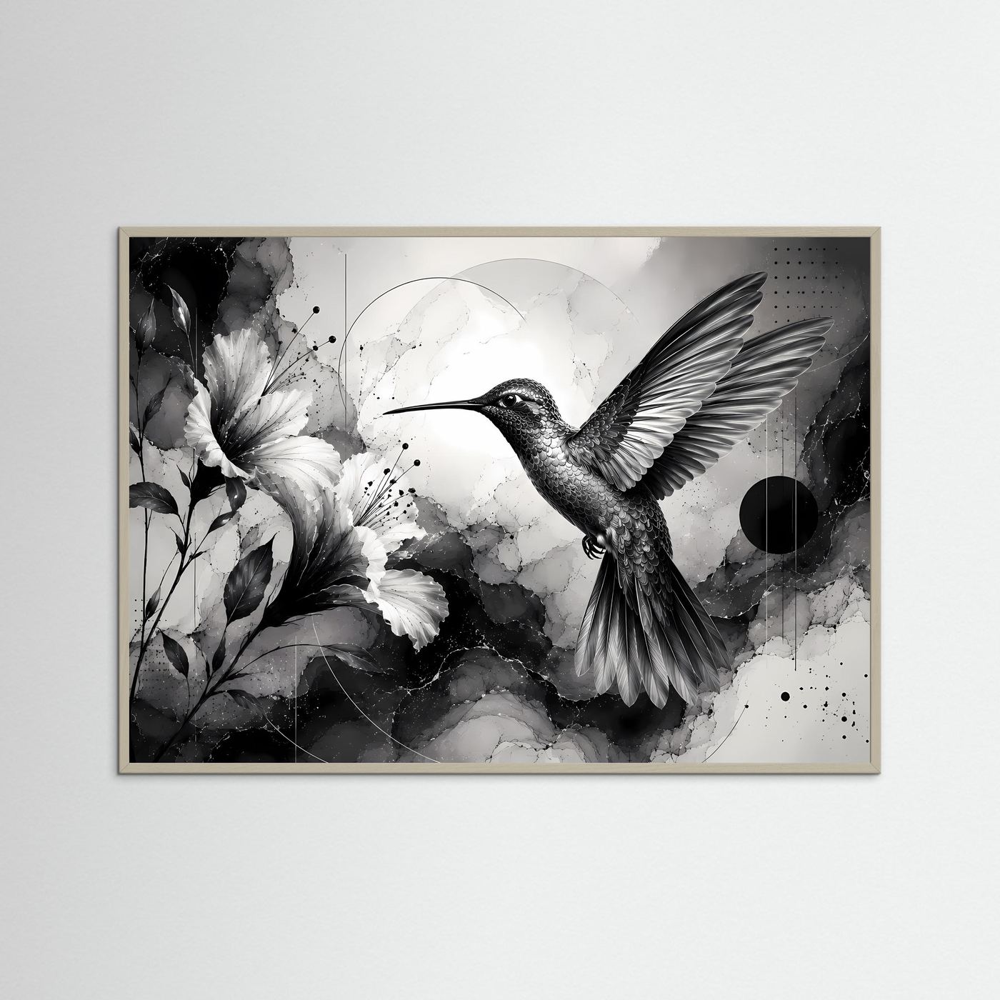 Kolibri Wandbild Schwarz Weiß | Hibiskus Blüten Poster | Moderne Botanische Wandkunst | Minimalistische Vogel Kunst | Leinwand Fine Art