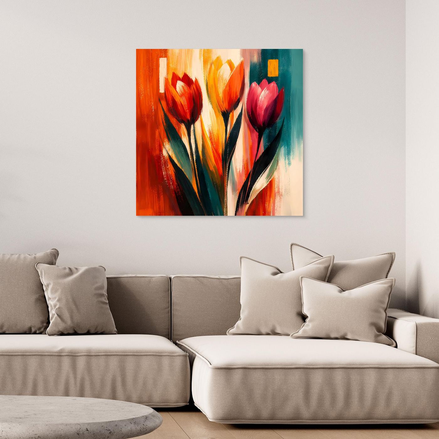 Wandbild mit abstrakten Tulpen auf Leinwand, bunte Farbflächen, mit Rahmen