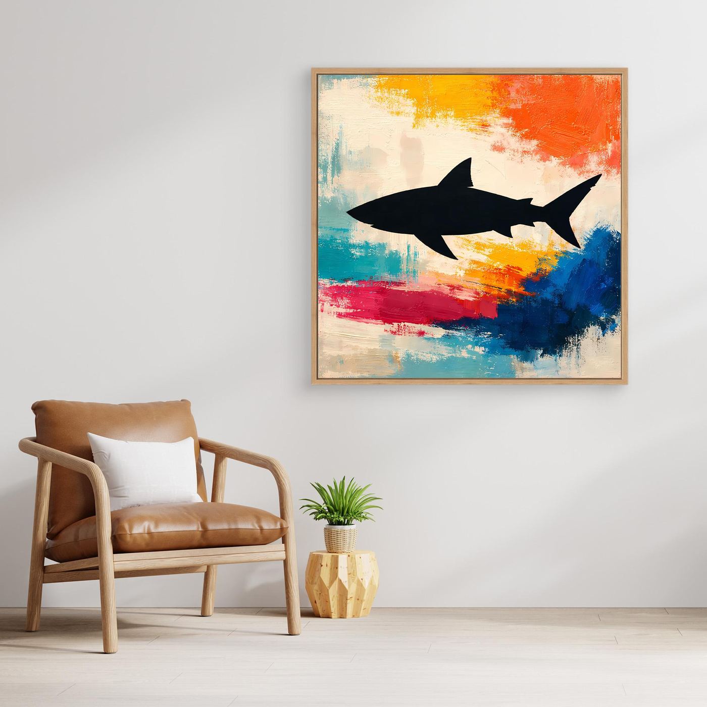 Leinwand Minimalistische Hai-Silhouette im Farbenmeer | Abstraktes Pop-Art Wandbild