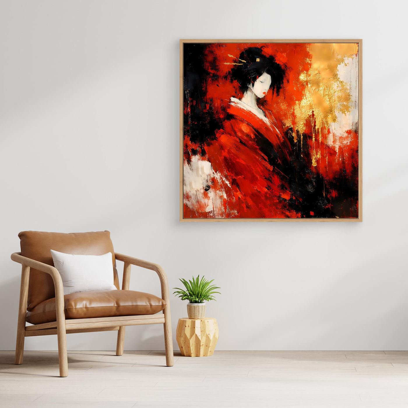 Leinwand Elegante Geisha im Roten Kimono | Abstraktes Asiatisches Wandbild Moderne Kunst