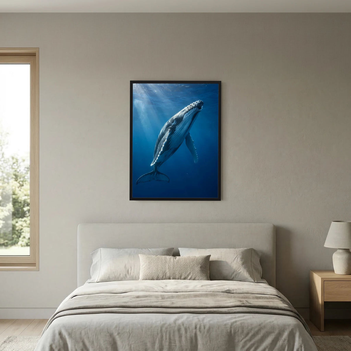 Poster mit Buckelwal unter Wasser, schwarzer Rahmen