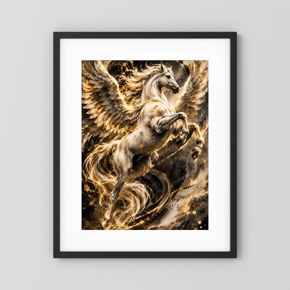 Pegasus-Poster im schwarzen Rahmen, geflügeltes Pferd mit goldenen Highlights