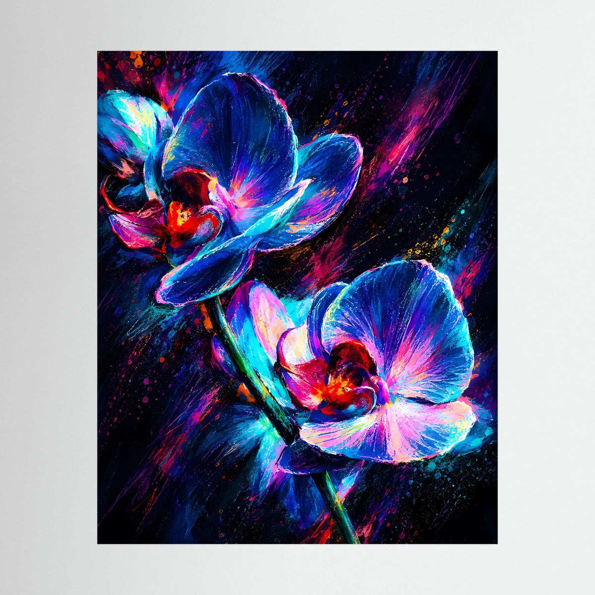 Poster mit leuchtenden Orchideen in Neon-Blau und Pink auf dunklem, abstraktem Hintergrund