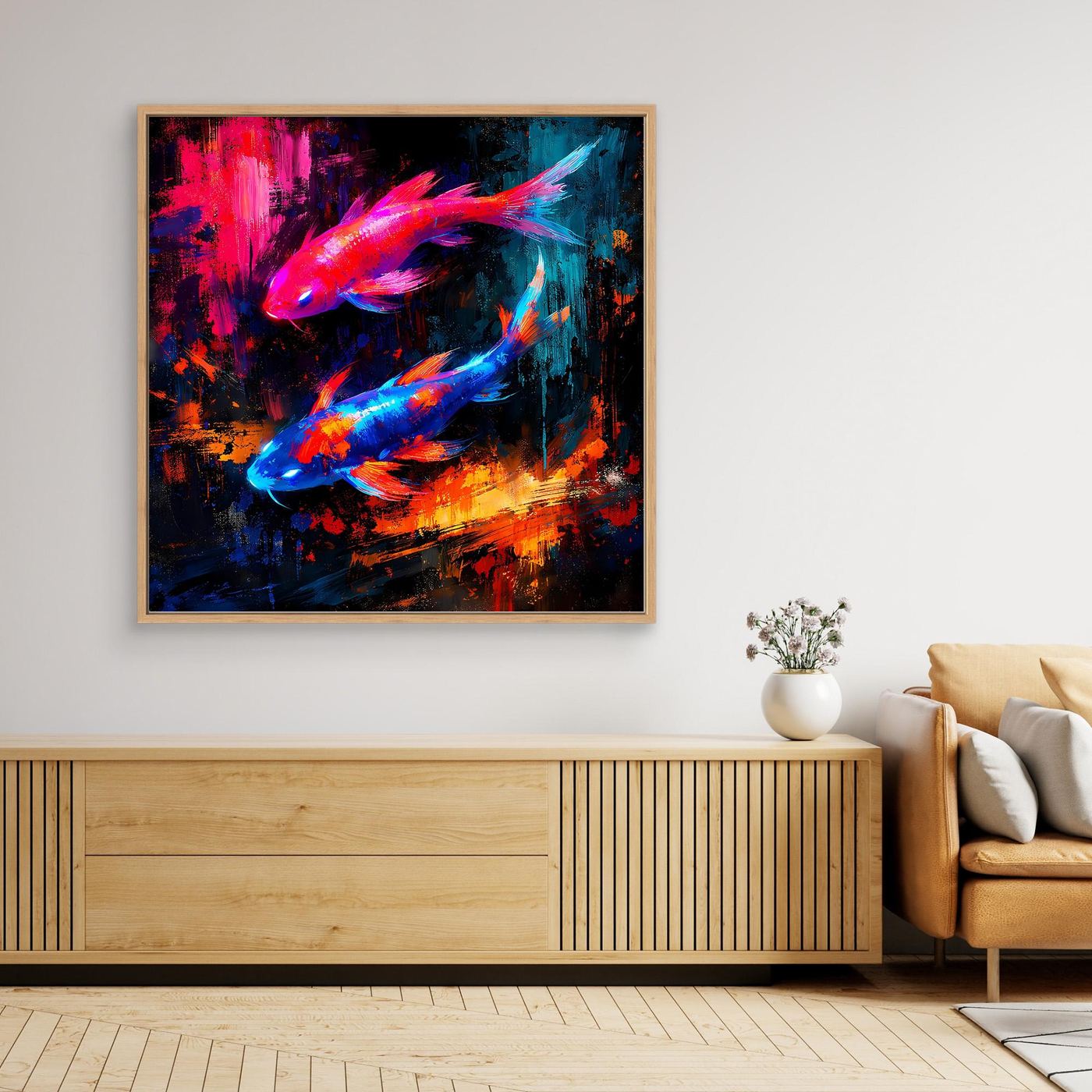Leinwandbild mit leuchtenden Koi-Fischen, abstraktes Farb-Design in Blau und Pink, Holzrahmen