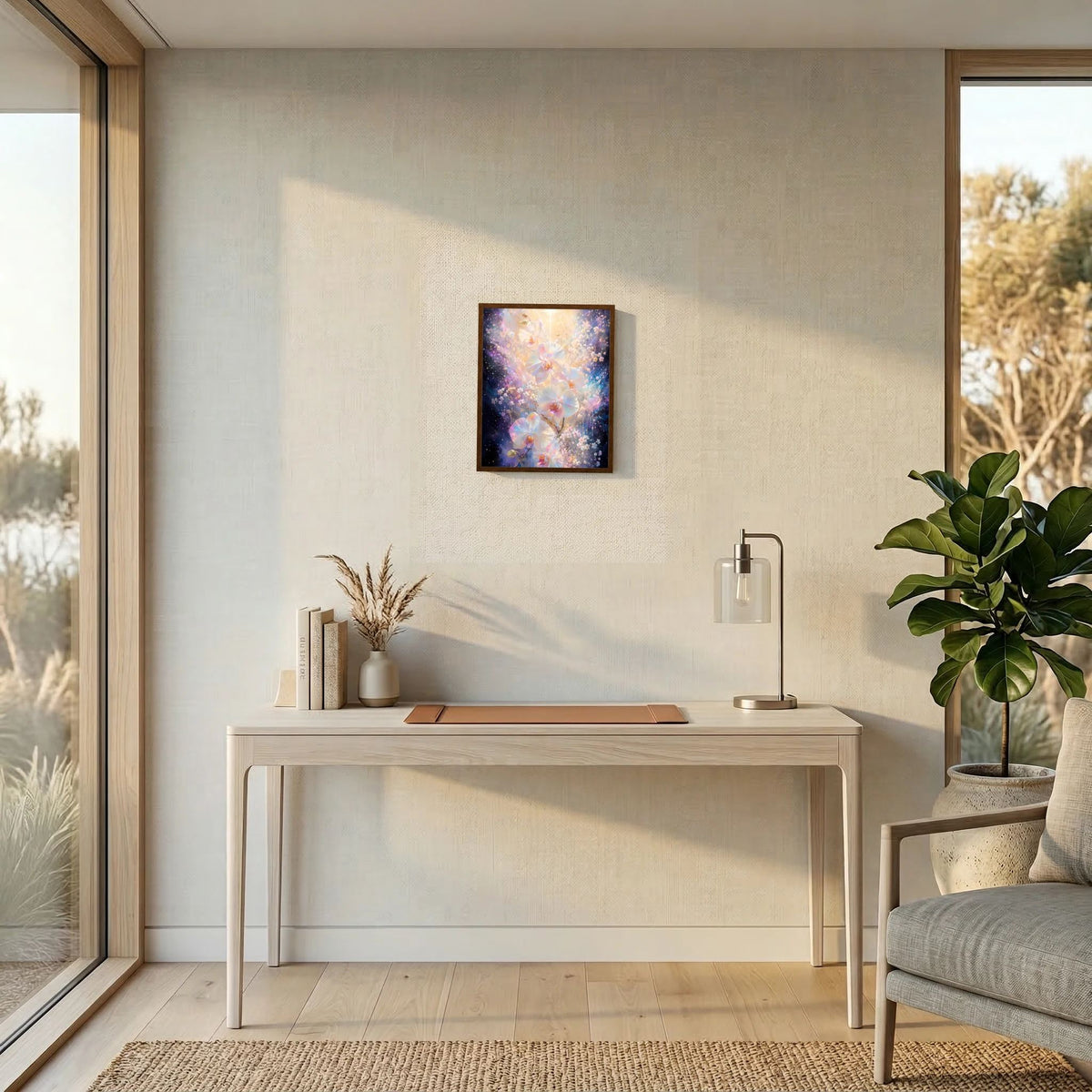 Gerahmtes Hochformat-Poster mit leuchtenden Orchideen in Pastellfarben und Gold
