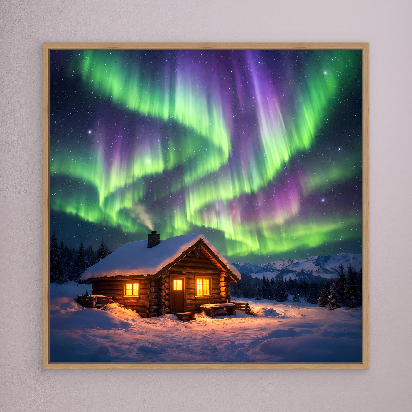Eichenfarben gerahmtes Leinwandbild mit Hütte und grün-lila Polarlichtern im Winter